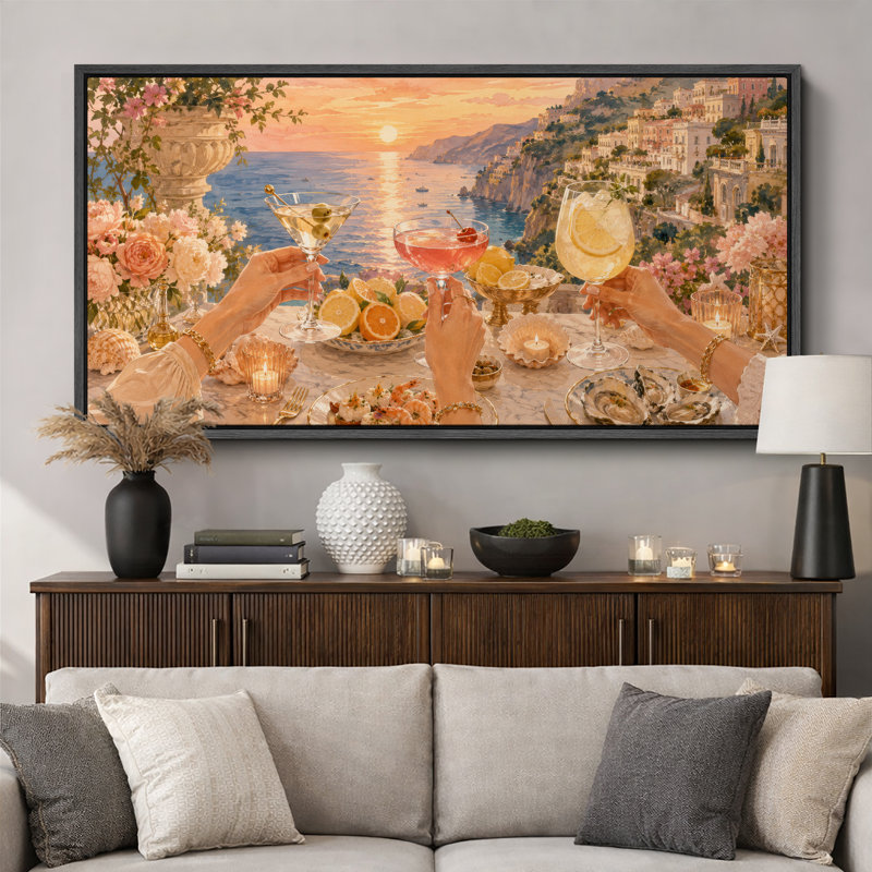 «Sunset Coastal Cocktail Terrace», images de salle à manger, impression sur toile encadrée, 3 pièces, Cadre noir