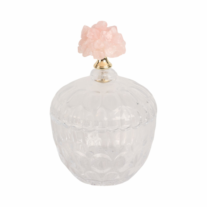 Pot décoratif en verre avec couvercle en cristal avec décoration pour la maison - Élégant grand pot de table contenant idéal pour le meuble-lavabo et la chambre à coucher - Rose et transparent