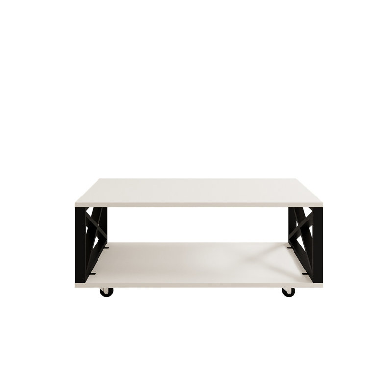 Multipurpose Coffee Table with Wheels, White & Black, 38.6 x 13.2 x 23.6 inches | 100% Melamine Coated Particle Board, 0.7 inches Thick, 100% Metal Frame | Additional Storage, Elegant Design for Living Room & Office