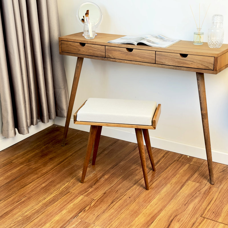 Jabed Ottoman Stool, Walnut Piano Bench, Vanity Stool & Functional Footrest for Living Room, Cream