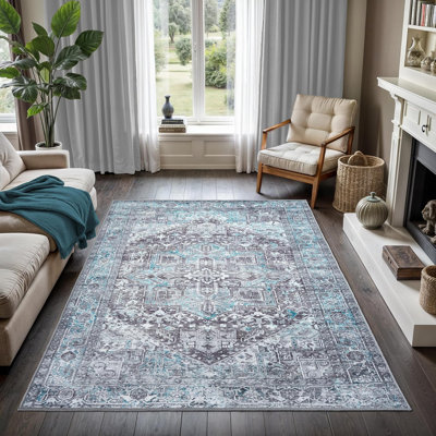 GLN Rugs Collection Vintage - tapis lavable à la machine, tapis lavable rétro, tapis antidérapant, tapis de salon à poils courts, tapis de chambre à coucher, tapis de salle de bain - facile à nettoyer (tapis bleu et gris)