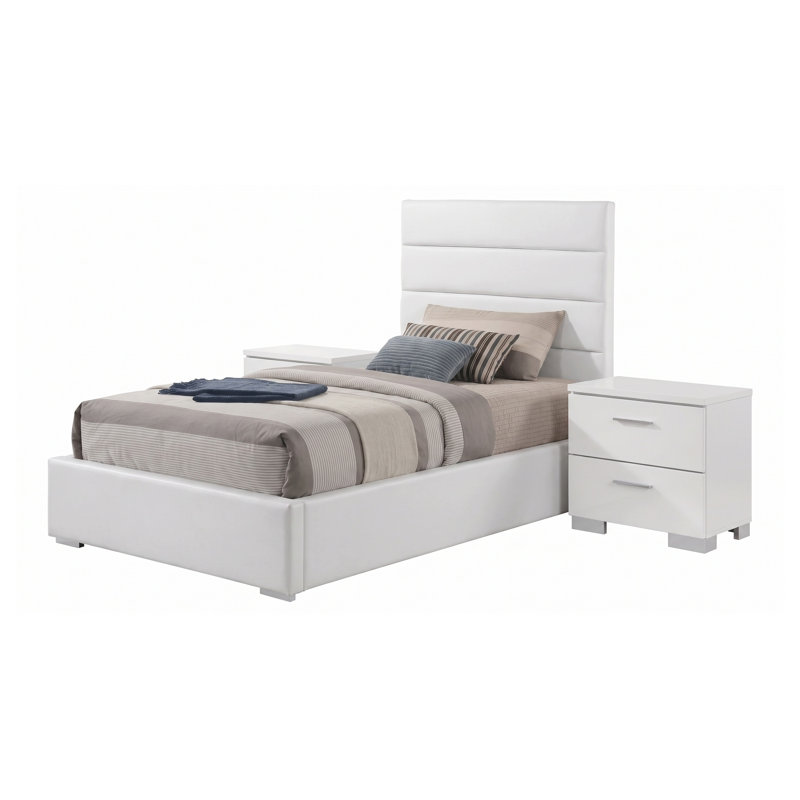 Ensemble de chambre à coucher Genevieve White Twin 3 pièces avec lit rembourré et deux tables de chevet