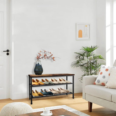 3-Tier Industrial Shoe Rack Bench, Metal Frame with Wood Top, Space-Saving Entryway Organizer, Bronze & Black