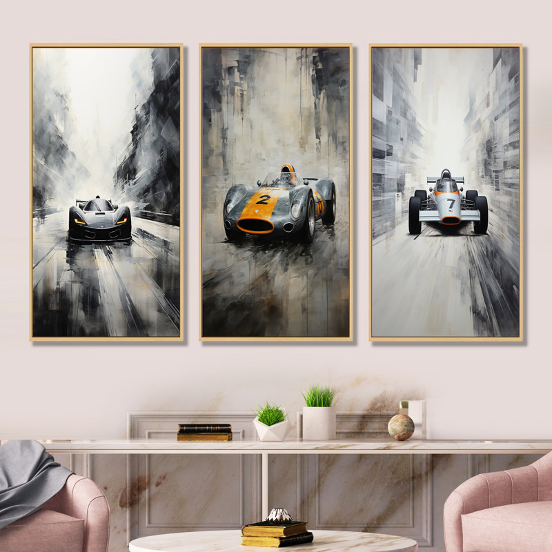 Gray Minimalist Race Car Traces I - ensemble de 3 impressions sur toile, Cadre flottant brun, H 32 po x l 48 po
