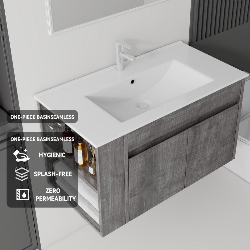 Meuble-lavabo flottant avec lavabo, Gris, L 36 po