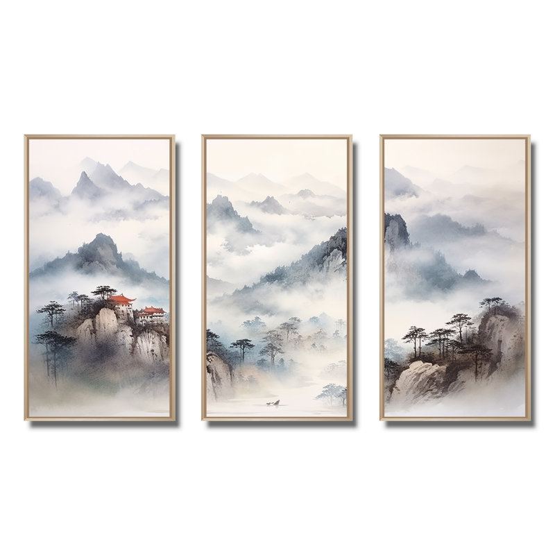 «Gray River China Landscape III», art mural Chine, Cadre flottant brun, H 32 po x l 48 po
