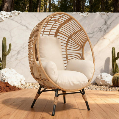 Élégant fauteuil à œufs suspendu à dossier arqué, balançoire de patio d'une capacité de 400 lb avec coussin de 8 pouces, rotin PE pour une utilisation intérieure et extérieure