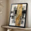 Croix abstraite moderne: texture craquelée dorée avec panneaux noirs et gris, style d'art moderne mixte. Toile encadrée 24 "x 36" avec cadre en bois noir