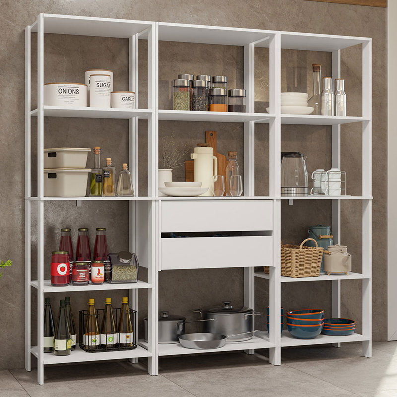  Armoire de rangement pour garde-manger avec 2 tiroirs et tablettes ouvertes L 74 po, Blanc