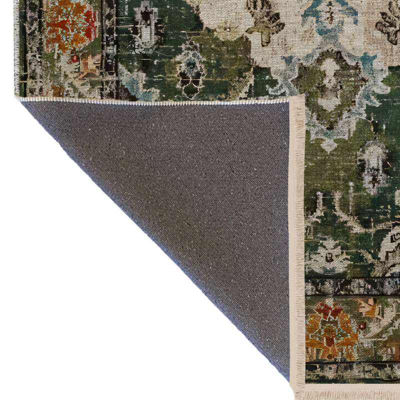 Tapis décoratif vert, vert, kaki et beige, Rectangle 4 pi 7,12 po x 6 pi 6,74 po