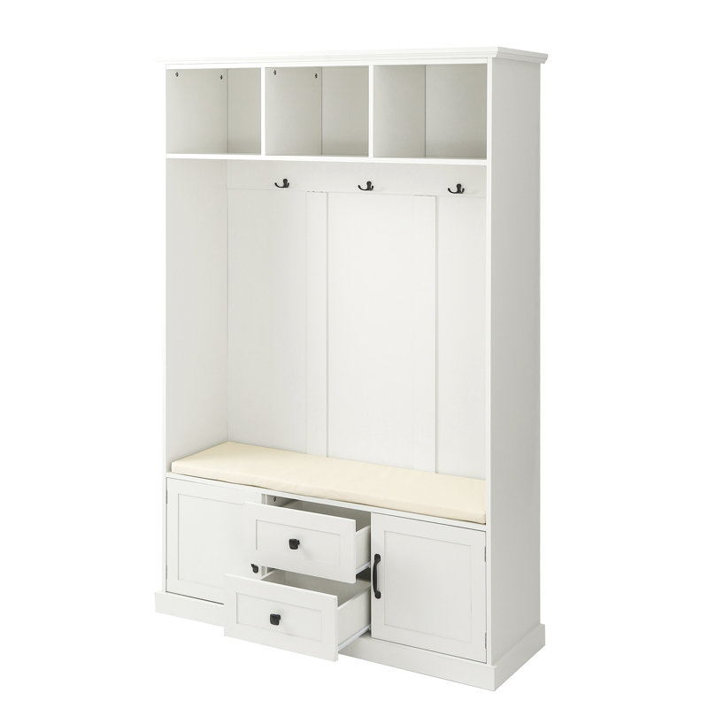 Rafkind Hall Tree with Bench  with 3 Hooks , Coat Hanger, Entryway Bench, Storage Bench, 3-in-1 Design, White