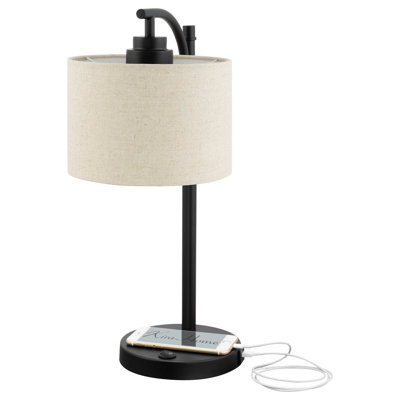 Ebern Designs Irram 18 Minimalist Arc Table Lamp W/ 2.0 AMP USB Charging Port, Honey Beige Shade + 7W Bulb (Eco-Friendly, 3000K Warm White), Black Finish