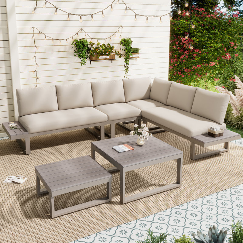 L-Shaped Garden Furniture Set with Reclining Seats, Wood Coffee Tables & Side Tables, Khaki