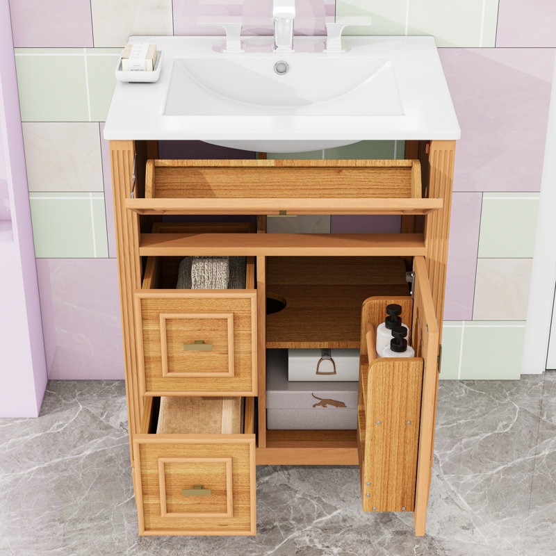 Meuble-lavabo avec lavabo, 2 tiroirs, 1 tiroir rabattable et tablette réglable, Bois