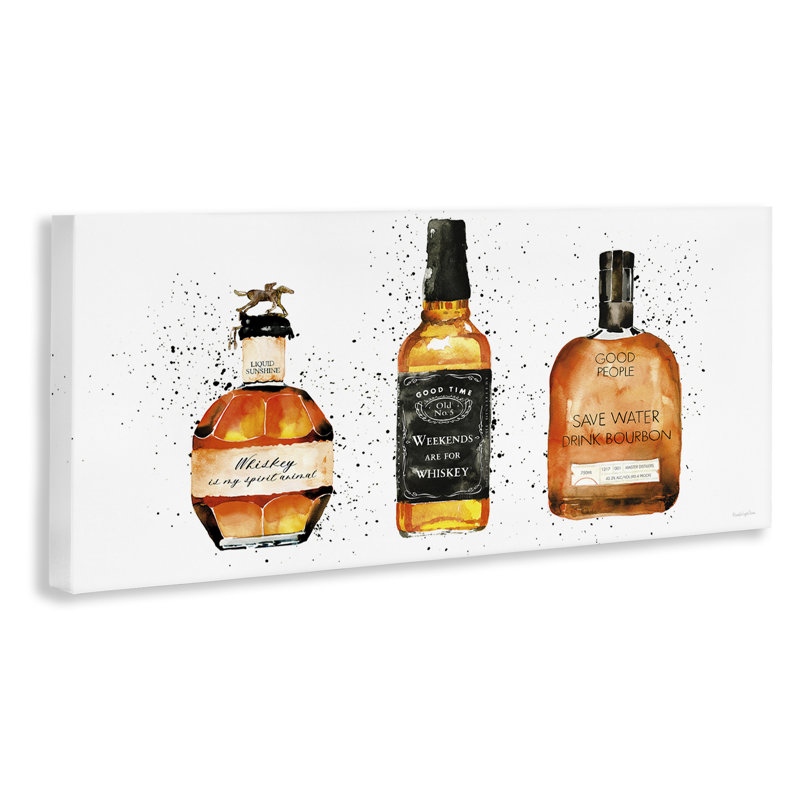Drôle de bouteilles de whisky, art mural sur toile par Mercedes Lopez Charro, H 17 po x l 40 po x P 1,5 po
