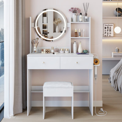 Table de coiffeuse à miroir DEL avec tabouret rembourré, 2 prises d'alimentation CA + 2 prises USB, luminosité réglable et rangement multicouche