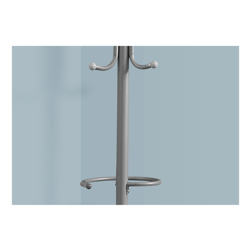 Coat Rack, Hall Tree, Free Standing, Hanging Bar, 6 Hooks, Entryway, 68"H, Bedroom, Grey Metal, Contemporary, Modern, Silver