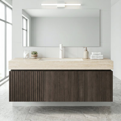 Meuble-lavabo flottant 48 po avec lavabo en céramique blanc encastré, armoire de rangement murale en contreplaqué avec tiroir et portes espresso, plateau en pierre frittée Roma Travertine avec 1 trou de robinet pré-percé, pré-assemblé