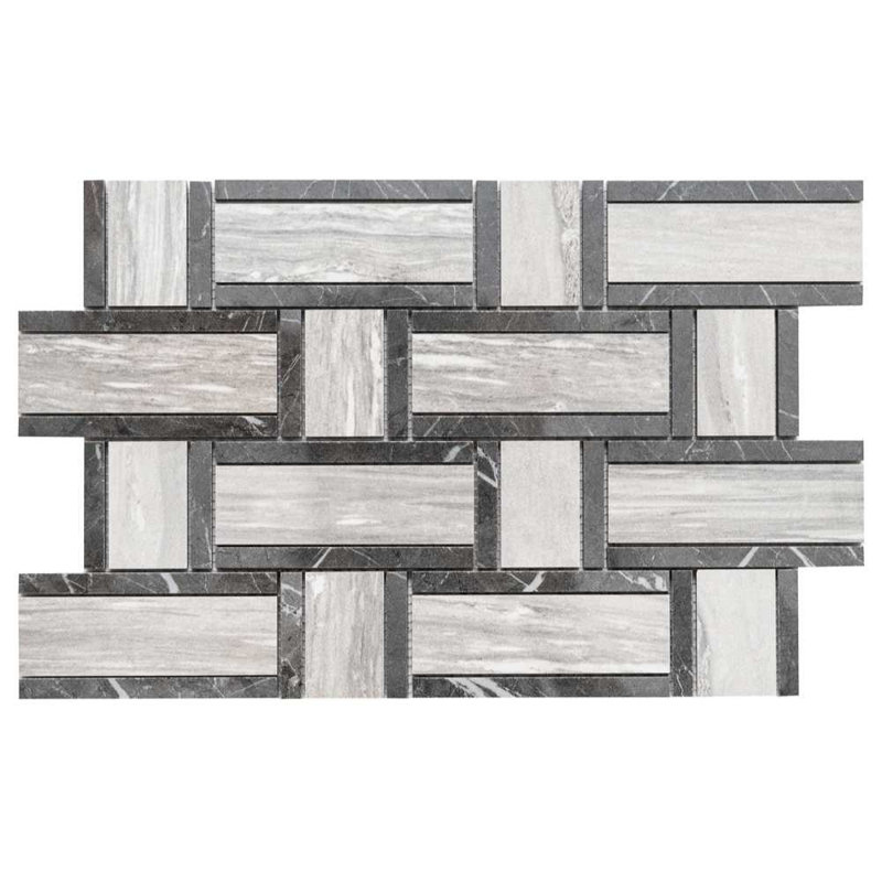 Carreau de mosaïque en porcelaine polie Stately Tre Basketweave 9,5 po x 14 po, Gris