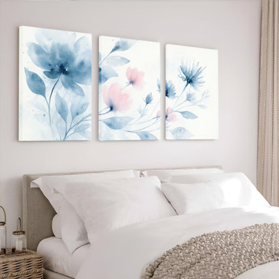 Watercolor Floral Blue and Pink Canvas Wrapped Wall Art, Abstract Botanical Print (Set of 3)