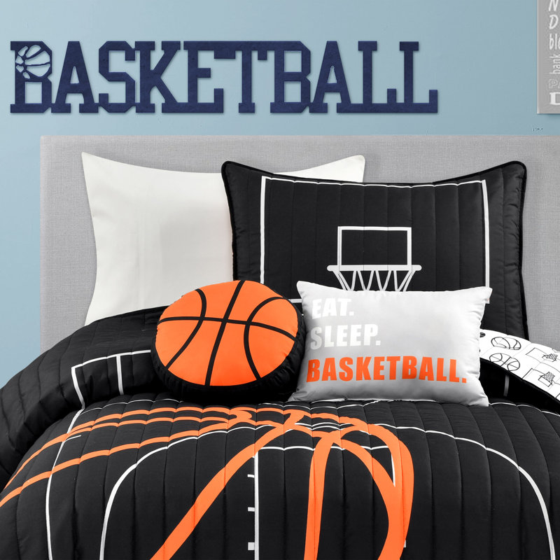 Twin Black and Orange Reversible Microfiber Basketball Quilt Set