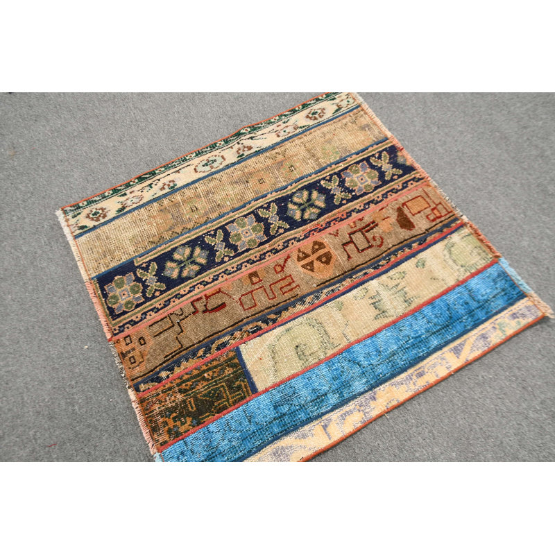 Handmade Turkish Patchwork Rug In Blue Providing A Unique Bohemian Accent For Home Decor And Small Area Coverage