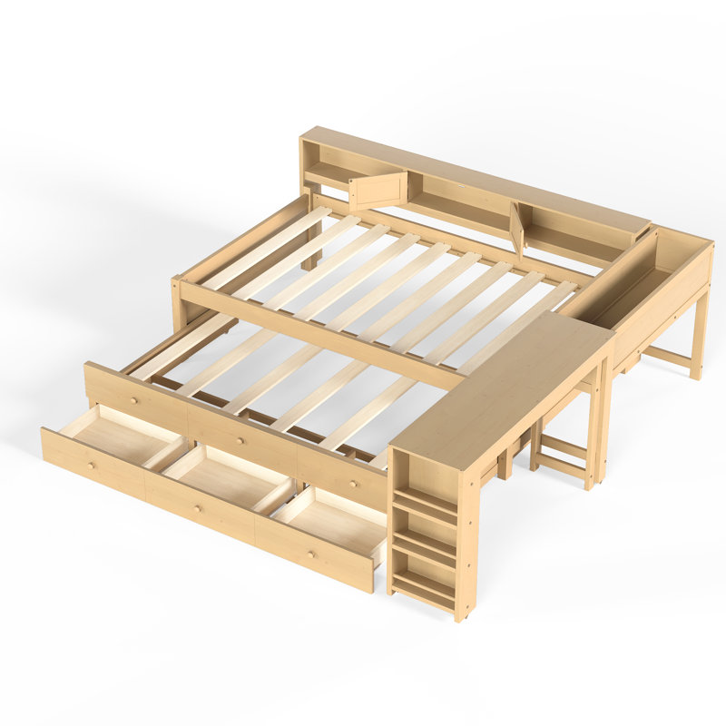 Structure de lit de jour avec couchette Haven, bureau intégré et tiroirs de rangement pour enfants, Lit simple