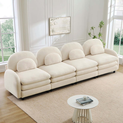 Canapé à 4 places en tissu beige et beige, doux comme un nuage, dossier / accoudoirs courbés, coussins lombaires courbés, conception modulaire et coussin de soutien à double couche