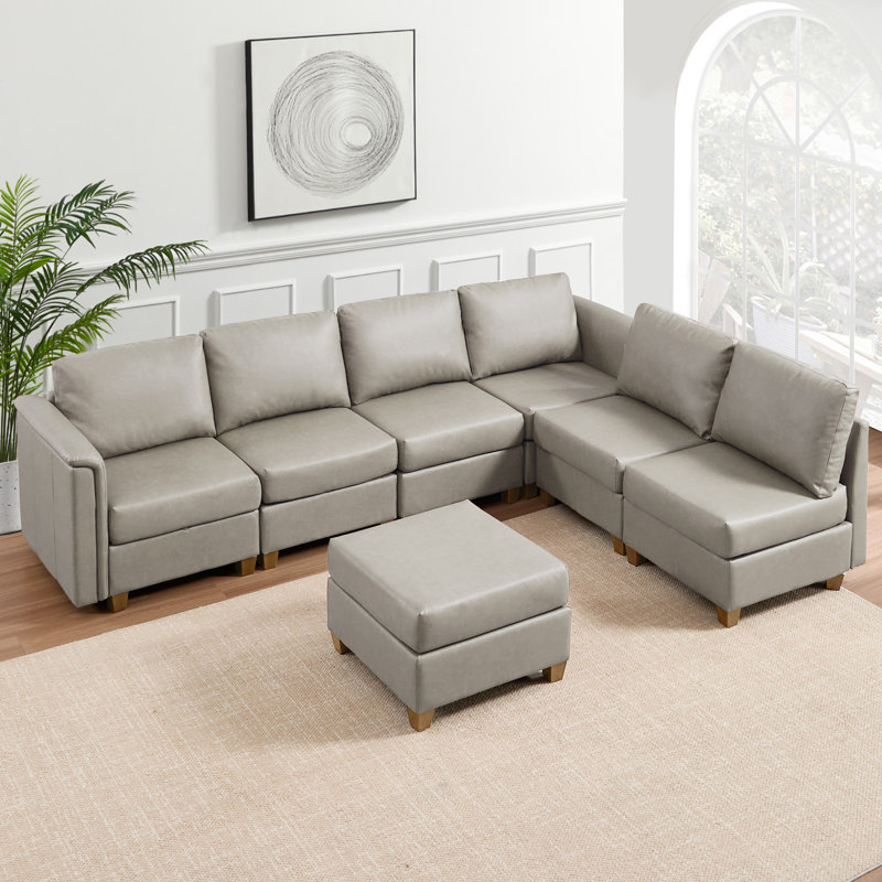 7-Piece Modern Upholstered Sectional Sofa, Beige Faux Leather, Natural