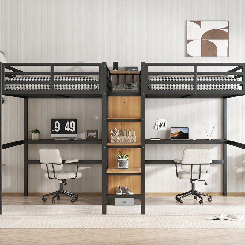 Lit mezzanine simple en métal avec bureau double, prises de courant et rangement, conception peu encombrante, garde-robe de finition, tablettes, prise de courant pour une utilisation pratique, design