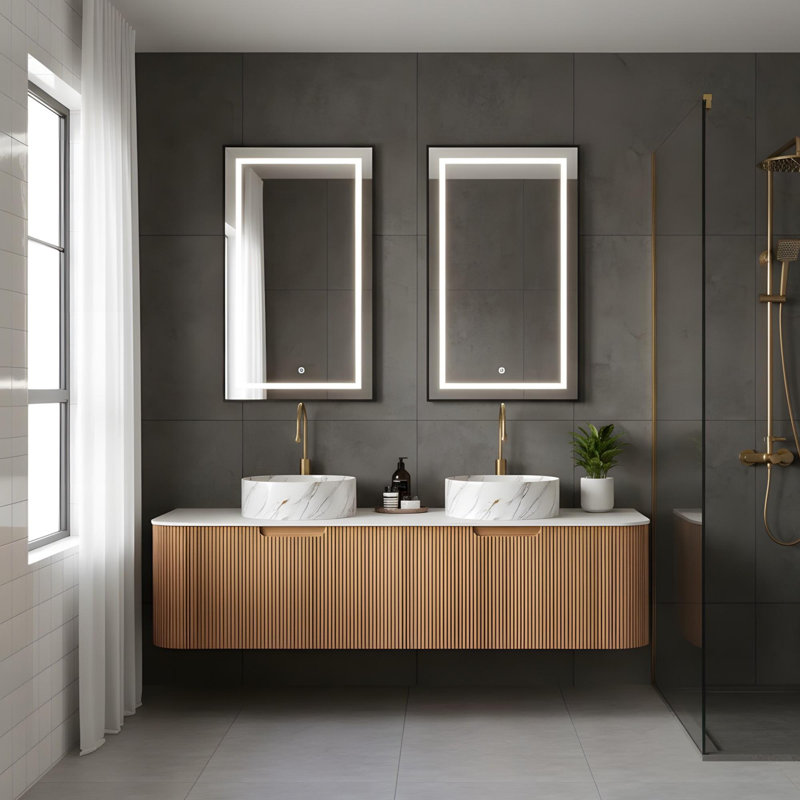 Salle de bain murale 60 "avec 2 lavabos ronds en céramique et 2 tiroirs