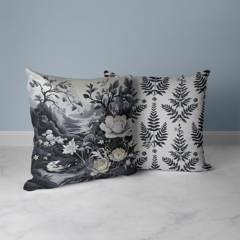 Coussin décoratif intérieur / extérieur Celestial Fern Garden, Blanc / Gris, H 18 po x l 18 po