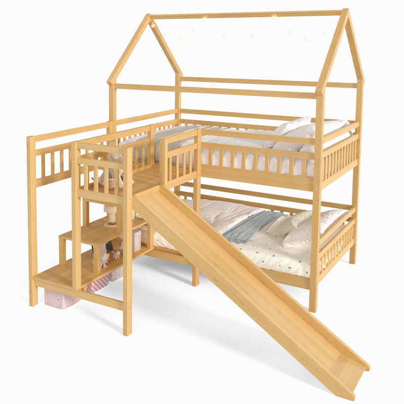 Lit double superposé en forme de maison double avec glissade, lit de jeu avec escalier de rangement, deux méthodes de placement, conception silencieuse
