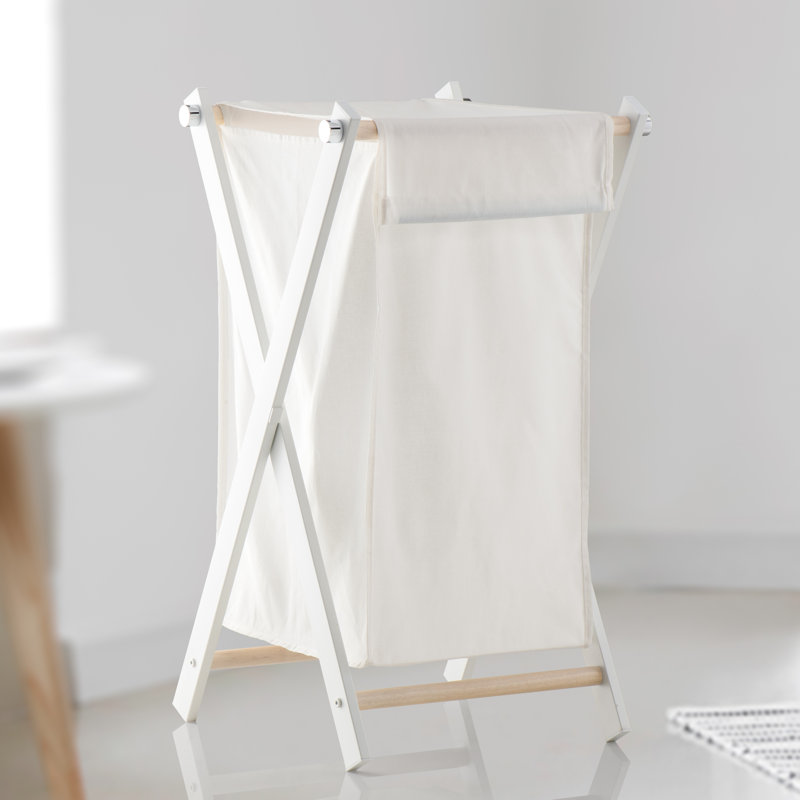 Panier à linge pliable en bois d'hévéa blanc et métal