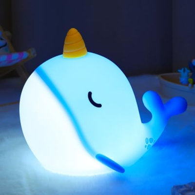 Blue Narwhal Night Light, Soft Silicone Whale Nursery Lamp With 3 Dimming Levels And 30-Minute Timer, Touch Control Nightlight For Bedroom Decor, Christmas Birthday Gift
