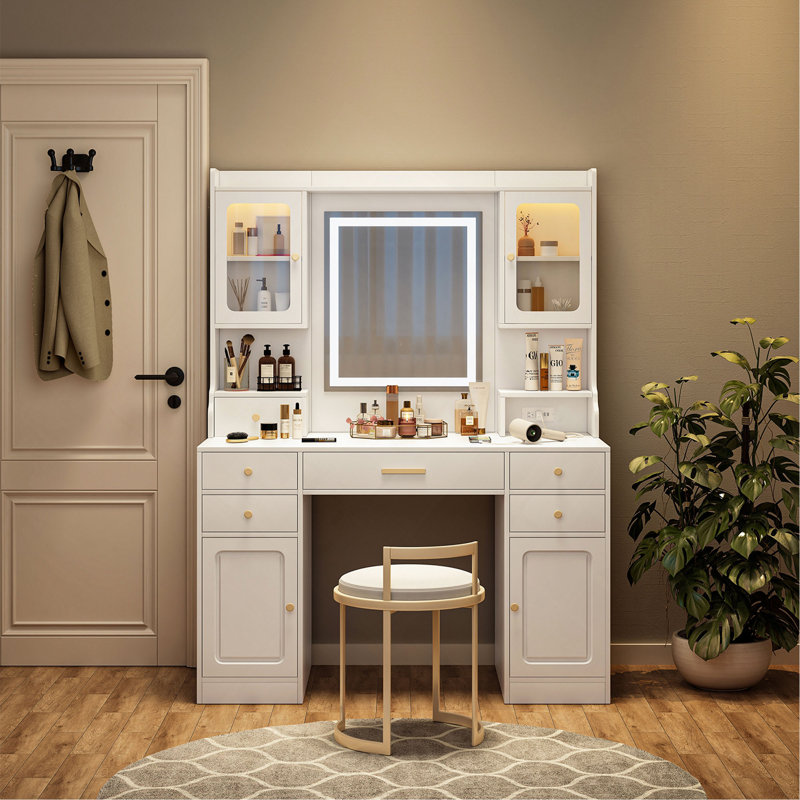 Grande coiffeuse avec miroir, 6 tiroirs et tablettes, bureau de commode