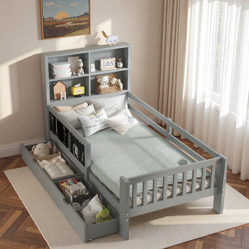 Lit plateforme avec tableau noir, tiroirs de rangement et tablettes ouvertes, Gris, Lit simple