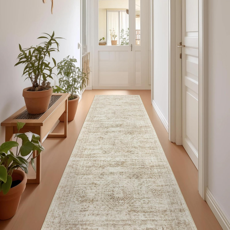 Vintage Distressed Non Slip Washable Area Rug(Beige), Runner 2' x 8'