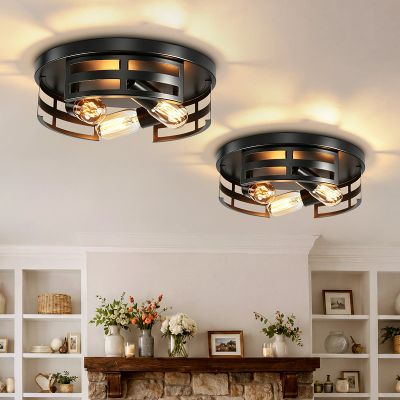 2-Pack Industrial Round Black Metal 3-Light Flush Mount Ceiling Light (Bulb Not Include)