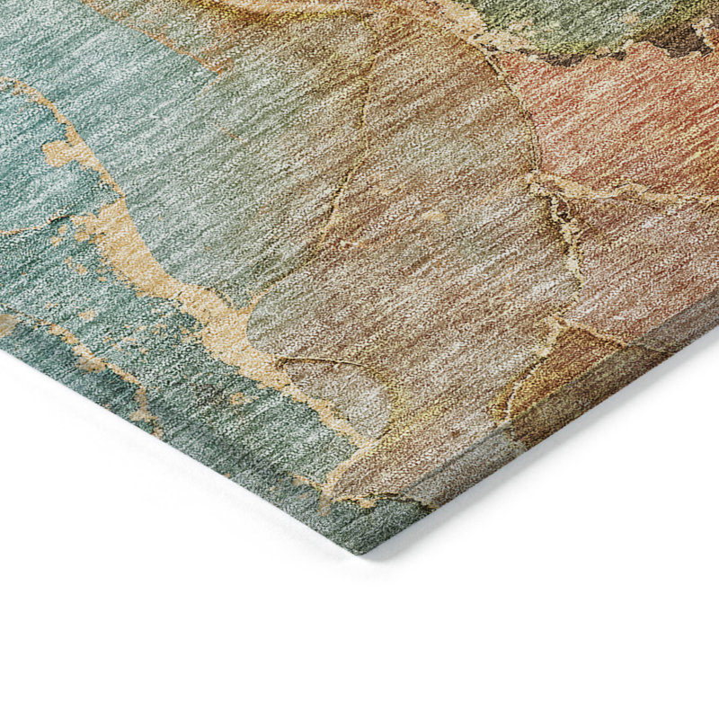 3' X 5' Copper Orange And Teal Blue Abstract Washable Indoor Outdoor Area Rug