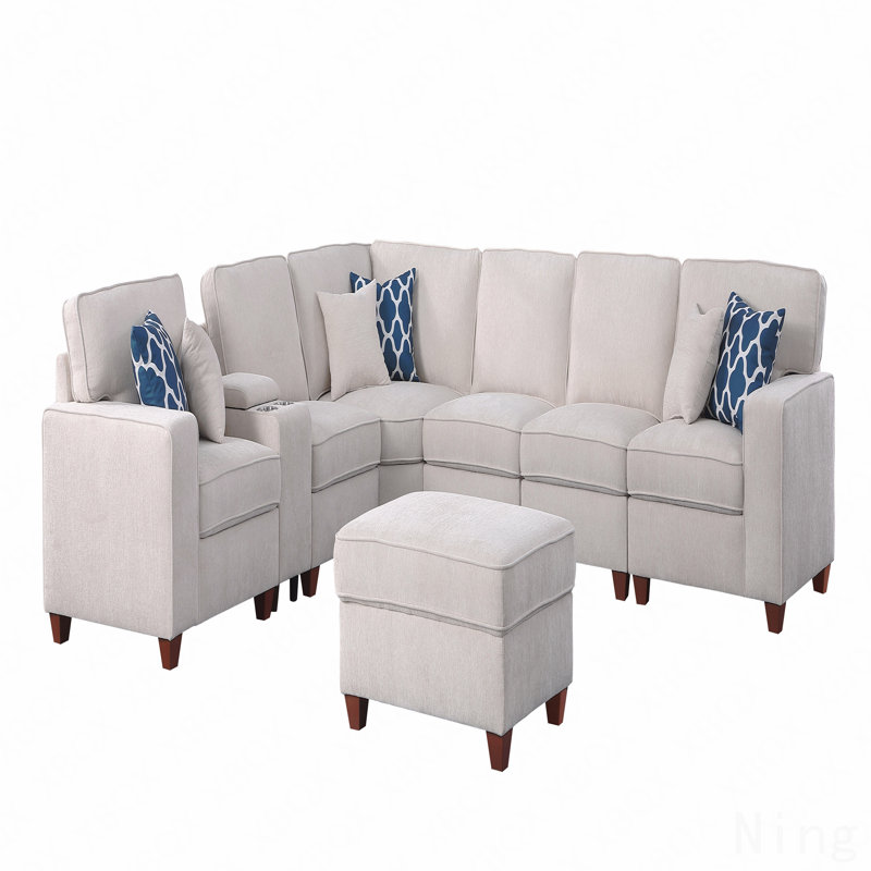 Canapé modulaire avec repose-pieds, Chenille - Beige, 35 po H x 136,25 po L x 99,25 po P