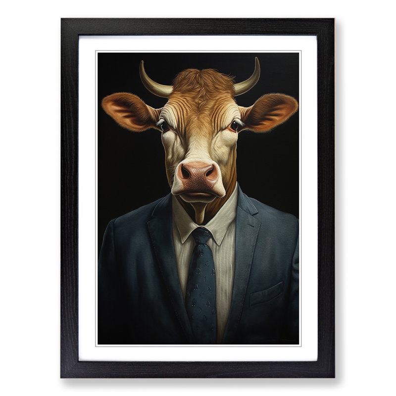 Cow In A Suit No.3 - Single Picture Frame Print on Wood, Black , 46cm H x 34cm W x 2cm D