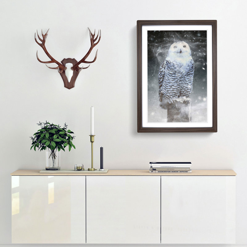 Snowy Owl on a Perch - Picture Frame Graphic Art Print, Walnut Framed, 65cm H x 48cm W x 2cm D