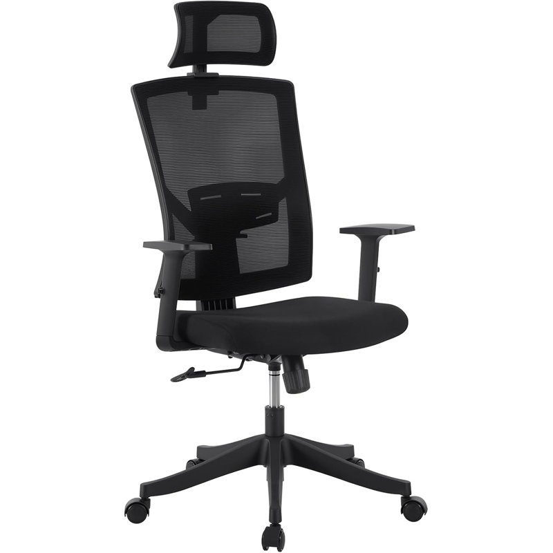 Chaise de bureau ergonomique à haut dossier, support lombaire réglable et appui-tête, Noir