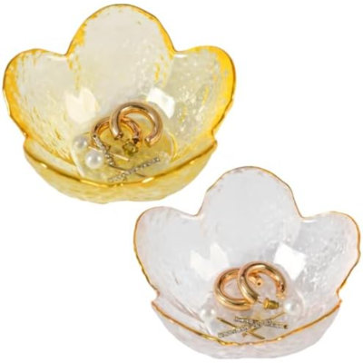 2-Piece Set Flower Ring Holder Jewelry Storage Tray Ring Dish Small Decorative Accessory Plate Gift for Ladies' Birthday Mother's Day（Transparent+Yellow）