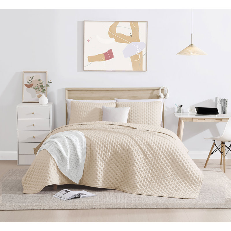 Beige Full Microfiber Bubble Quilt Set with Shams