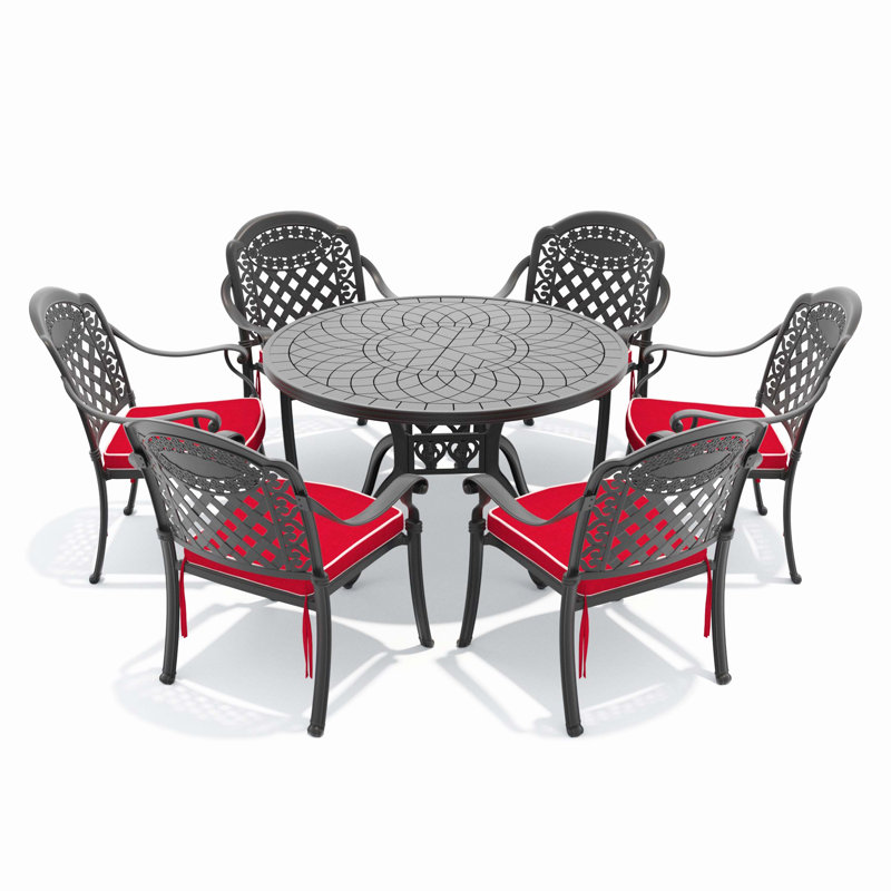 7-Piece Cast Aluminum Outdoor Patio Furniture Set With Black Frame & Red Seat Cushions, 7 Pieces: Table, 6 Chairs