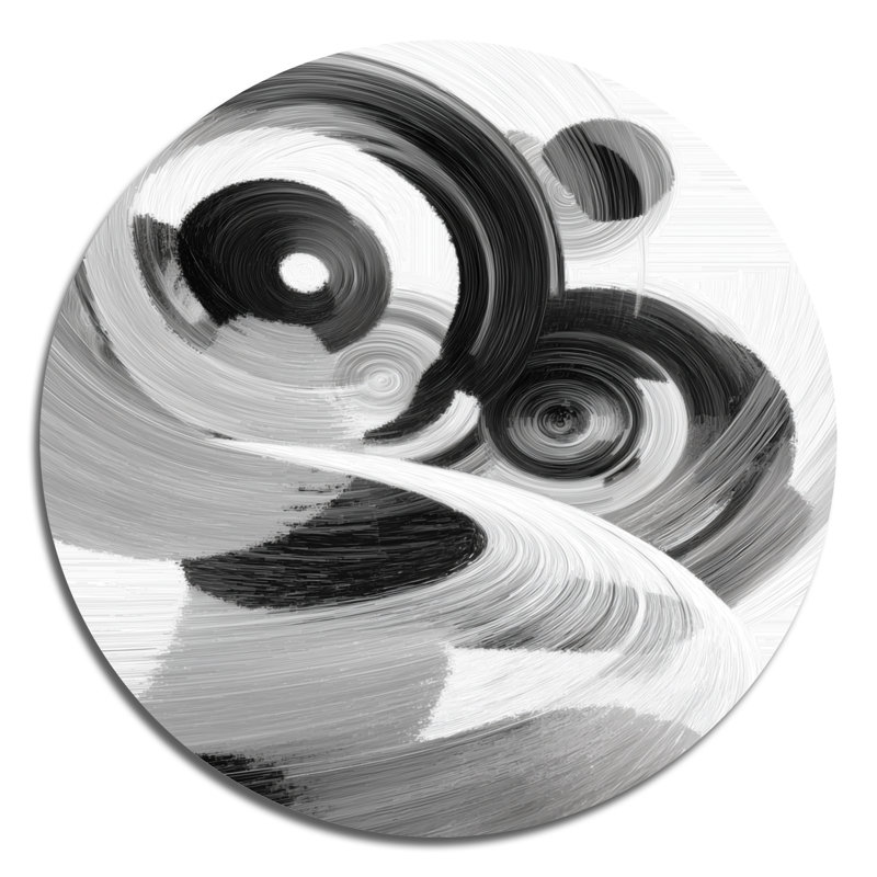 Encre blanche et noire - Spirale abstraite, art mural rond en métal, L 23 po x H 23 po