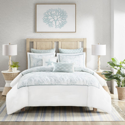 Housse de couette très grand - coton 200Tc, broderie foncée, fermeture à boutons, 2 taies décoratives, 4 attaches intérieures, literie 100% coton de style bord de mer pour lit Marine