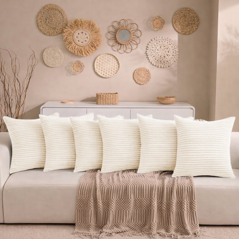 Aspire Homeware Striped Square Velvet Cushion Cover, Cream, Pack of 6